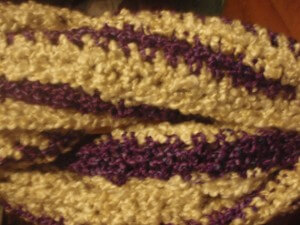 Hand Crocheted Extra Long Infinity Scarf - Off White and Dark Purple