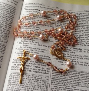 Rose Glow Czech glass bead & Rosaline Swarovski crystal pearl rosary with gold plated crucifix and Our Lady of Guadalupe center