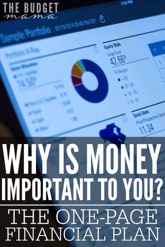 Why is money important to you? This is question that we all should ask before developing our one-page financial plan. After all, if we don't know why money matters to us, how can we plan to use it?